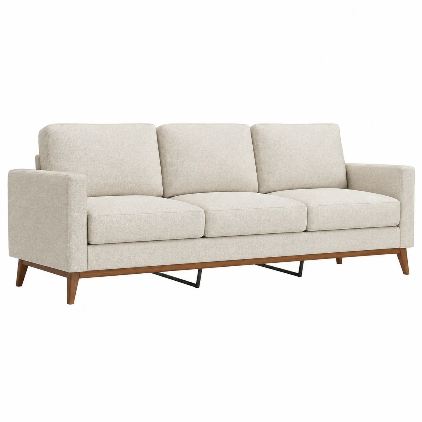 Divano a 3 posti in tessuto beige con gambe in legno e struttura in metallo