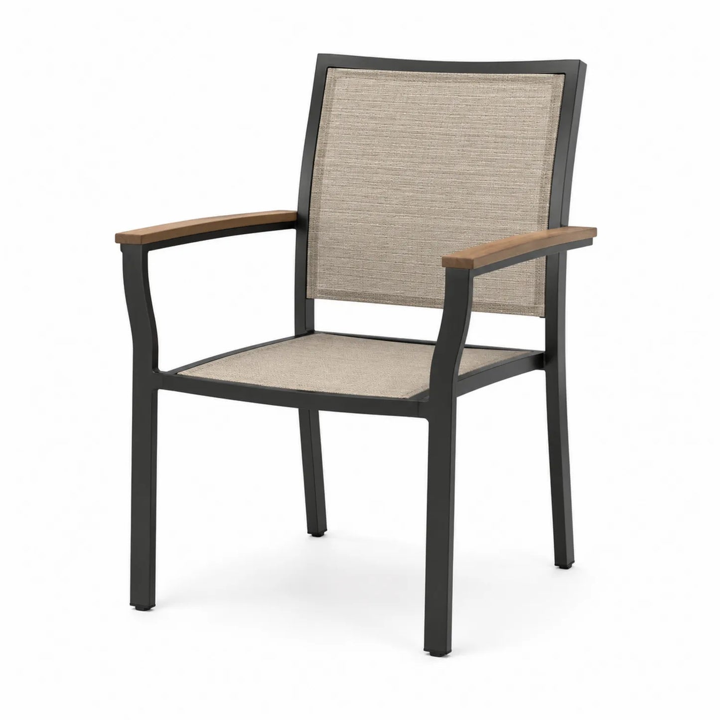 Sedia da giardino in alluminio nero con seduta in tessuto beige e braccioli in legno