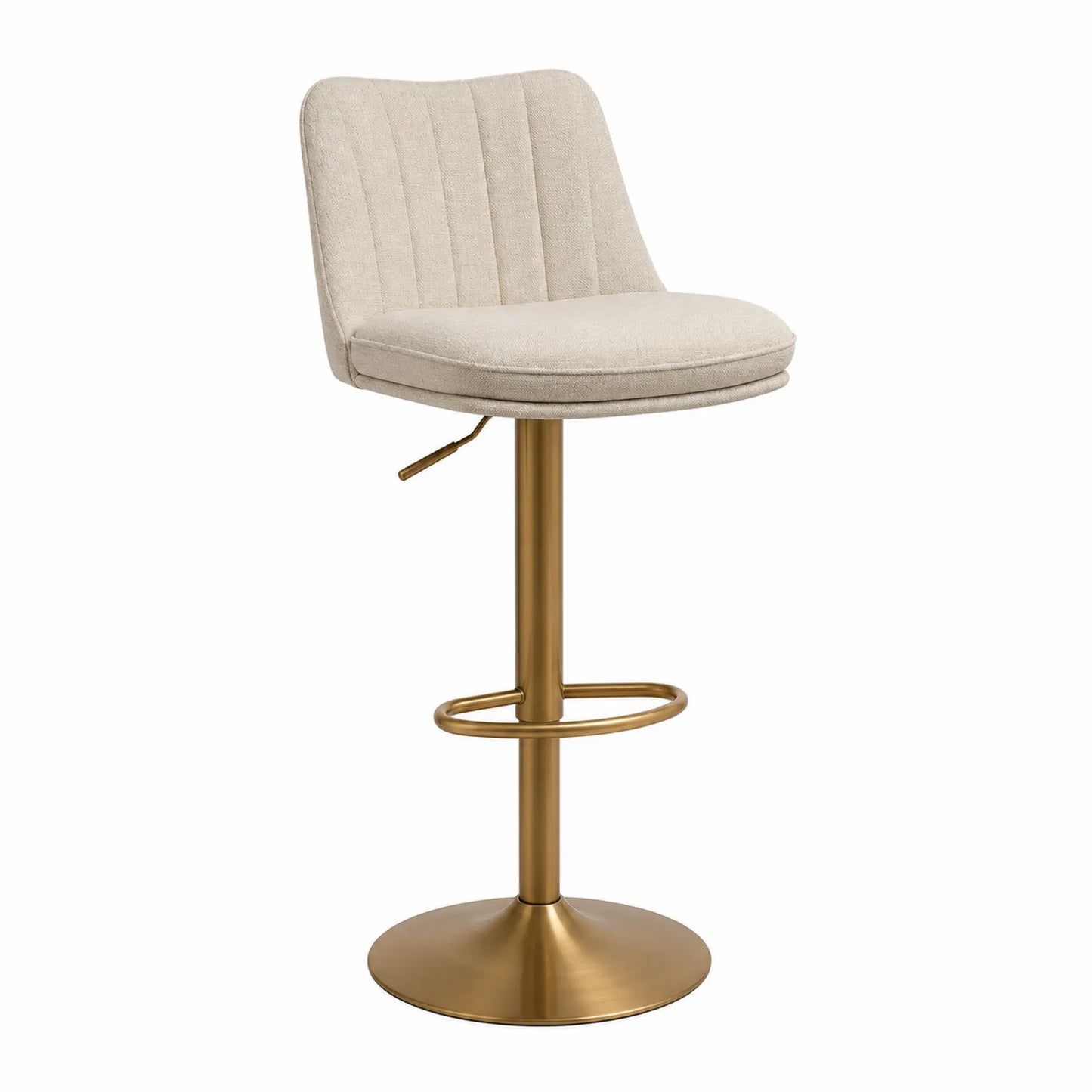 Sgabello da bar in tessuto beige con base in metallo dorato