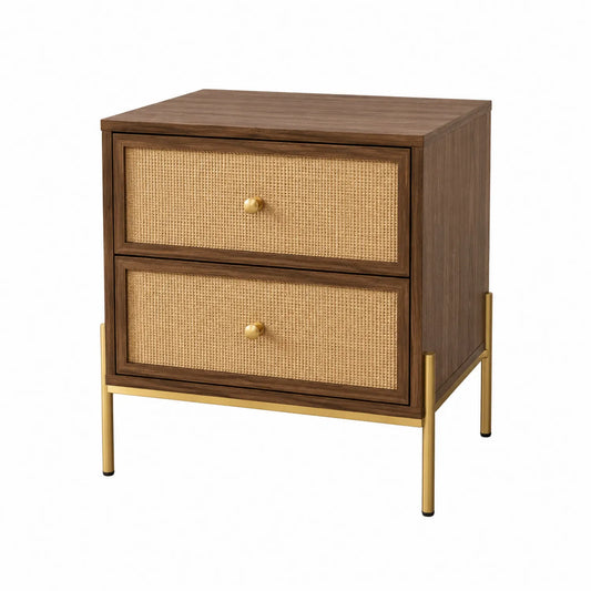 Comodino in Legno e Rattan con Gambe in Metallo Dorato