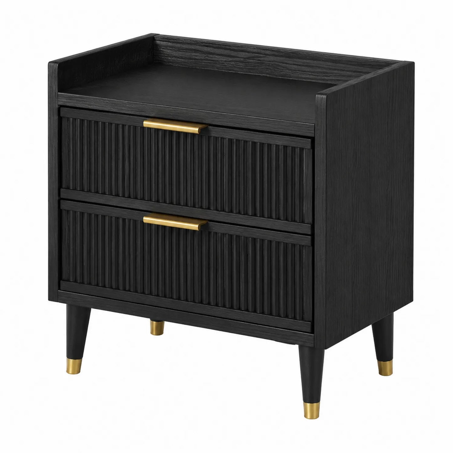 Comodino a due cassetti in legno MDF nero con maniglie in metallo dorato