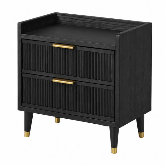 Comodino a due cassetti in legno MDF nero con maniglie in metallo dorato