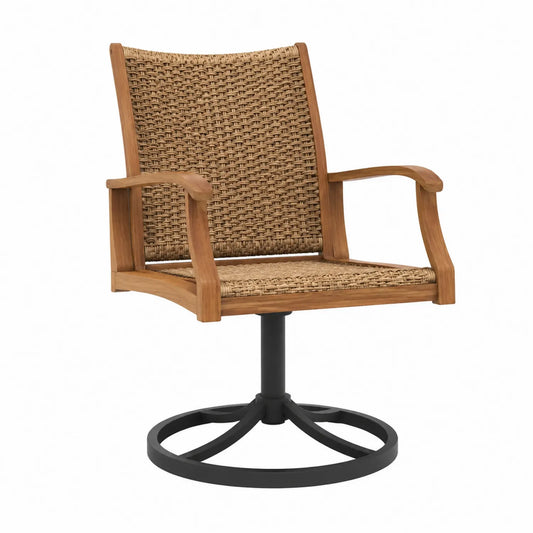 Sedia da esterno in legno di teak e rattan con base girevole in metallo