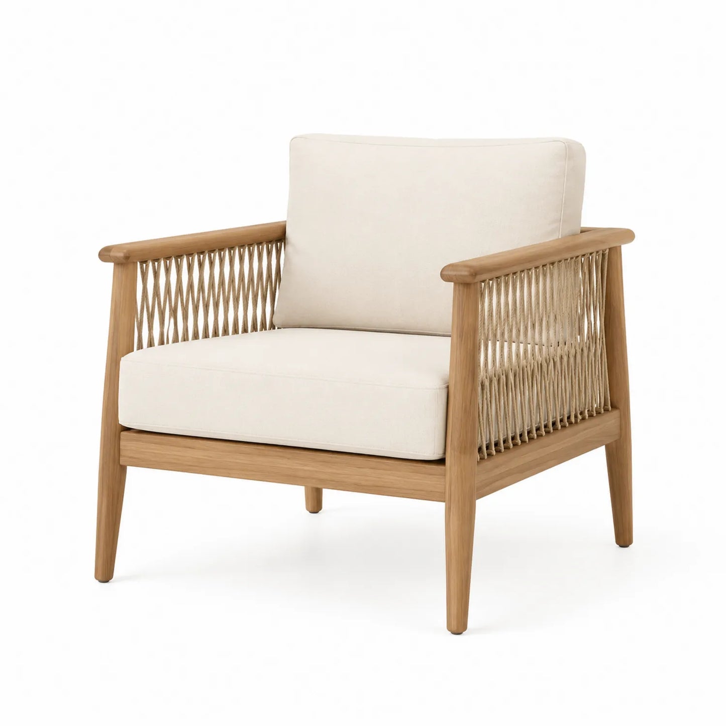 Poltrona da Esterno in Teak e Corda con Cuscini Crema