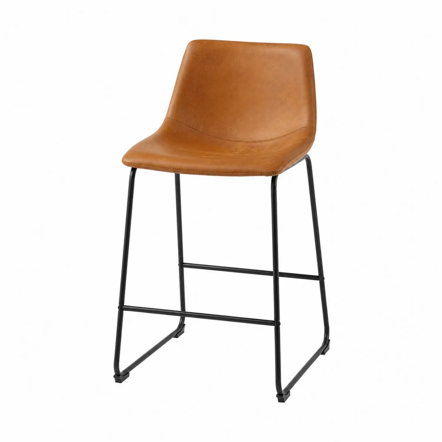 Sgabello in pelle marrone con struttura in metallo nero