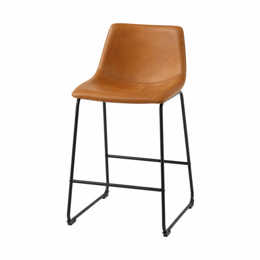 Sgabello in pelle marrone con struttura in metallo nero